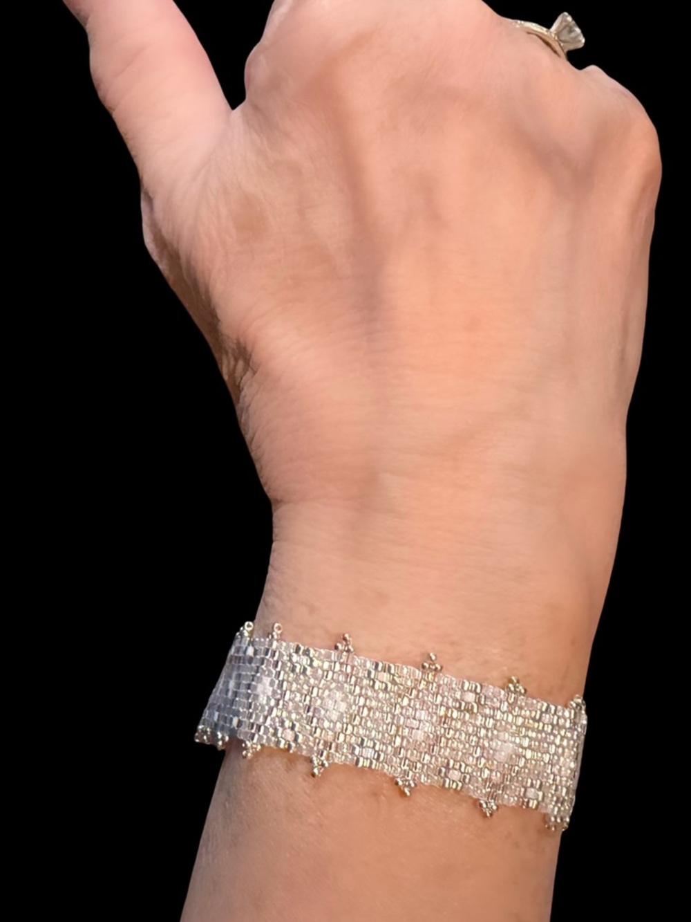 Woven Cream Silver Seed Bead Cuff Bracelet – Bridal Jewelry, Rhodium Clasp